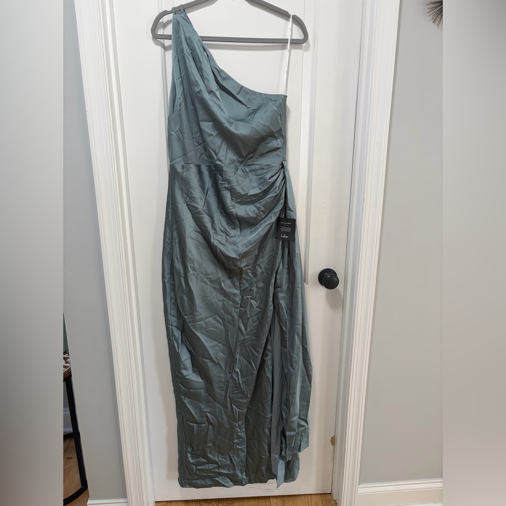 Lulus Signature Elegance NWT size XL Slate Blue Satin One-Shoulder Maxi Dress - Picture 4 of 14